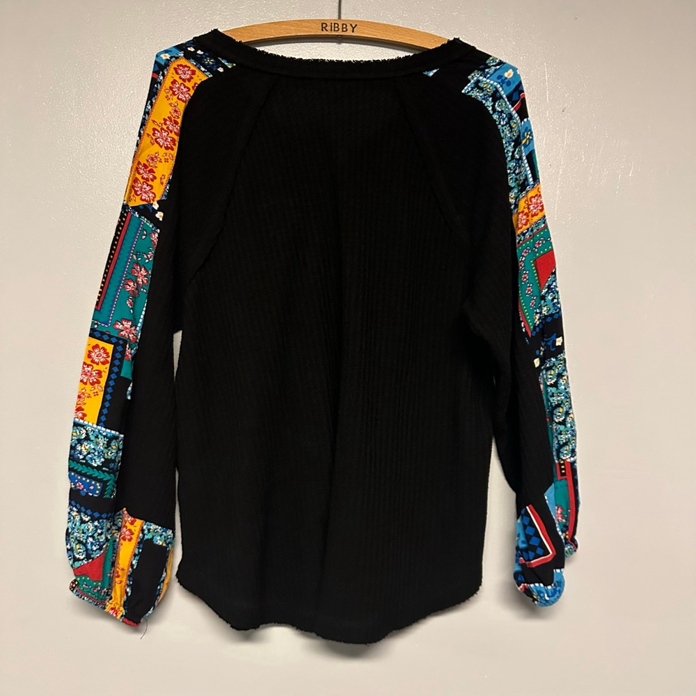 Kori America Long Sleeve Tee women’s Small Black Multicolor Patchwork boho